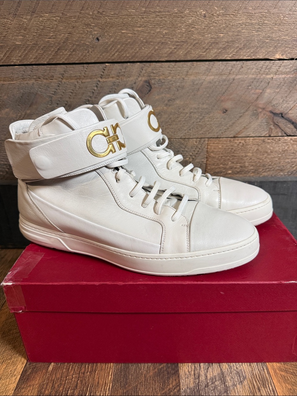 Salvatore Ferragamo Night High Top Sneakers White Gold Gancini Size 11 EE